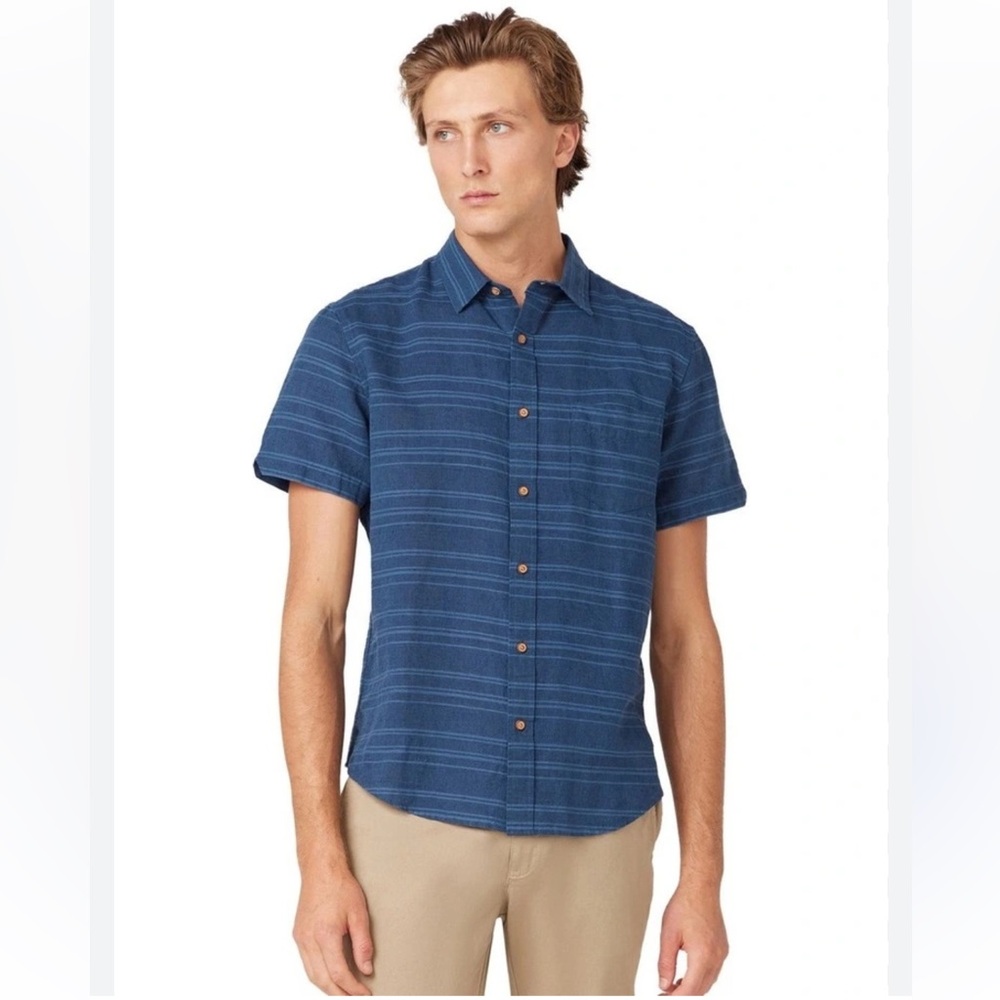 Ben Sherman Linen Short Sleeve Yarn Dye Stripe Shirt in Navy Size Large